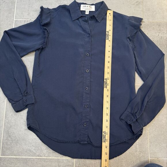 Anthropologie Cloth & Stone Frayed Ruffle Button Down Shirt - Navy - Women's XS - Picture 4 of 9